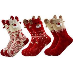 Makfort Kerstsokken voor dames, 3 paar, katoen, winter, warme kerstsokken, rendier, sneeuwvlokken, kerstcadeaus voor vrouwen, maat 34-40, 3 katoenen sokken