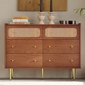 Doyisy Ladekast met 6 laden, rotan dressoir, highboard voor slaapkamer en alle woonruimtes, walnoot (120x40x90cm)