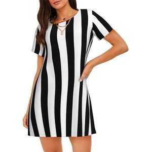 GXUNGT Zwarte en witte strepen print dames zomer gewaad, korte mouwen nachtkleding, zacht en comfortabel, voor thuis en buiten, Zwart, S