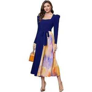 jurken voor dames Tie-dye geplooide jurk met pofmouwen en riem (Color : Royal Blue, Size : XL)