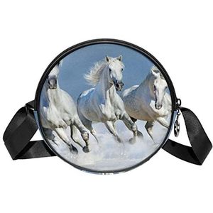 Messenger Bag Drie Witte Running Paarden Crossbody Tas voor Vrouwen Rond, Meerkleurig, 6.7x6.7x2.3 in, Sling Rugzakken