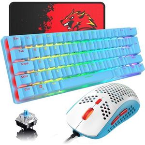 UK Layout Mechanisch Gaming Toetsenbord RGB 14 Achtergrondverlichting Effecten Mini 62 Toetsen Bedraad Type C + Lichtgewicht RGB 6400 DPI Honingraat Muis + Muismat Compatibel met PS4, Xbox, PC,