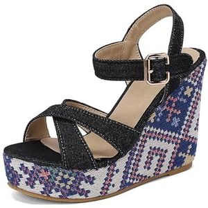 Wedgesandalen Voor Dames 4,7 Inch Etnische Stijl Platform Espadrilles Kruis Enkelband Slingback Hoge Hak Casual Sandalen(Black,48 EU)