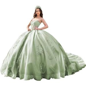 Fuomomo Quinceanera Prinsessenjurk met ruches en staart Quinceanera jurk van tule met parels schattige jurk 16 MT052, Salie groen, 38