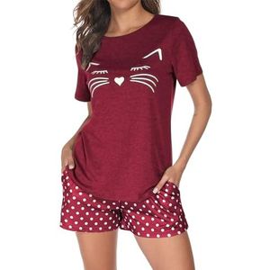 Reliwel Schlafanzug Damen Pyjama Damen Kurz Baumwolle Zweiteiliger Nachtwäsche Sommer Sleepwear Hausanzug Frauen Loungewear Sets Kurzarm und Shorts mit Kordelzug & Seitentasche, Rode Wijn, S