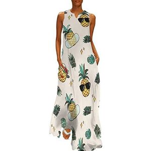 Ananas patroon dames enkellengte jurk slanke pasvorm mouwloze maxi jurken casual zonnejurk S