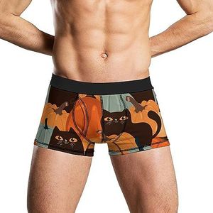 Zwarte katten en pompoenen heren boxerslips ademend ondergoed stretch tailleband grappige print Trunk S