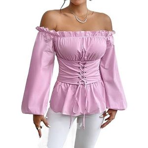 dames topjes Off-shoulder franje-afwerking met veters aan de voorkant en peplum-blouse met lantaarnmouwen (Color : Rosa, Size : X-Small)