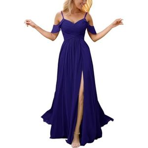 Chiffon galajurken met spleetplooien, bruidsmeisjesjurken voor bruiloft, cocktailjurk, grote maten, koningsblauw, 34