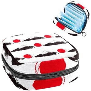 Maandverband Opbergtas, Menstruatiecup Pouch Tampon Bag, Menstruatie Pads Houder Organizer voor Vrouwen Meisjes, Japan Mount Fuji Rood Zon Patroon