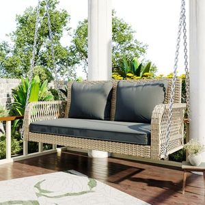 Merax Hangbank, tuinschommel, tuinmeubelset voor buiten, schommelbank, outdoor, grijs zitkussen, 2 stoelen, met zitkussen en rugkussens, afneembaar en wasbaar, beige
