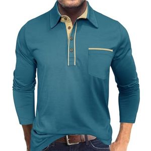 Heren casual poloshirts met lange mouwen, katoenen werkoverhemd, thermisch overhemd met lange mouwen en knoopjes en zak(Blauw,3XL)