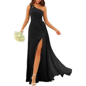 Dames chiffon bruidsmeisjes jurken met split lange galajurken ruches cocktailjurk plus size, Zwart, 32