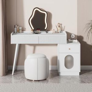 boorbin Make-uptafel met led-spiegel en verlichting, witte kaptafelset voor slaapkamer met drie ruime laden en een deur, afmetingen: B100/H75/T40 cm (zonder kruk)