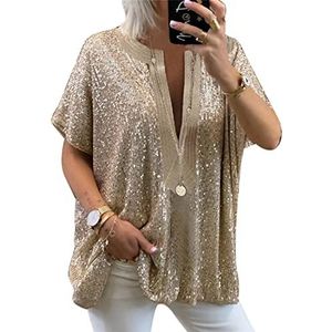 Dames Sequin Blouses Goud Casual Tuniek Tops Glitter Losse Shirts Sparkle Mode T-shirts Maat S-3XL