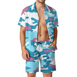 Roze en blauwe camouflage Hawaiiaanse sets voor heren, button-down trainingspak met korte mouwen, strandoutfits, M