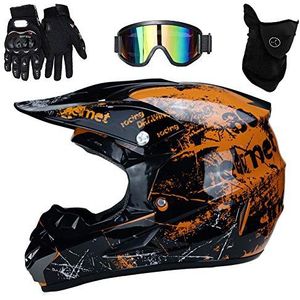 UIGJIOG Motocross Helm Oranje, Volwassen Motorhelm Off Road Crash Helmen Full Face Road Race Enduro Downhill Motorfiets Met Goggles Handschoenen Mask Voor Jeugd Mannen Vrouwen,Orange,XL(58~59cm)