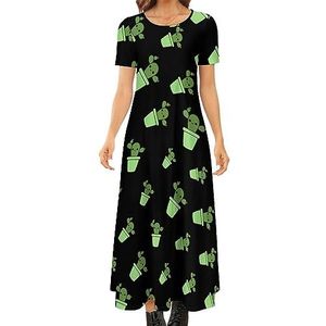 Leuke Cactus in Groene Pot Vrouwen Zomer Casual Korte Mouw Maxi Jurk Ronde Hals Gedrukt Lange Jurken 2XS