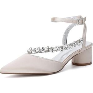 KYEGLO Dames Bruidsschoenen Met Spitse Neus En Gesp-Enkelbandje, Satijnen Gesloten Neus Met Bandjes En Strass-Steentjes Voor Bruiden Op Avondfeesten,Champagne,36
