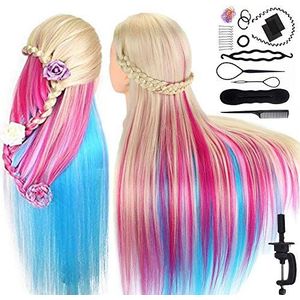 Trainingshoofd, TopDirect 75cm/29,5 inch Cosmetologie Kappers Mannequin Mannequin Pop Synthetische Vezel Haar + Haar Styling Set + Tafelklem