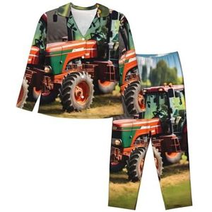 JEJEA Bedrijf Boerderij Tractoren Print Comfy 2 Stuk Nachtkleding Lounge Set Pyjama Set Lange Mouw Nachtkleding Nachtkleding, Zwart, S
