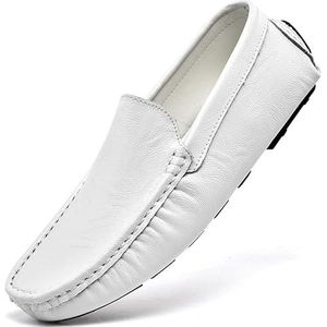 Heren loafers schoen ronde neus effen kleur rijstijl loafer veganistisch leer antislip antislip lichtgewicht casual klassieke instapper (Color : White, Size : 41 EU)