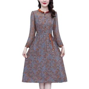 Pegsmio Print Lange Mouwen Ruches Kraag Midi Jurk Lente Herfst Elegante Party Nachtjurk Vrouwen Bodycon Lange Jurk, Gemengde kleur, XL