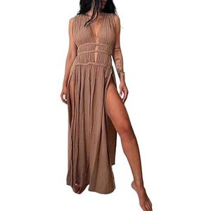 kekafu Casual zomer boho maxi-jurk voor vrouwen, 2024 sexy high-split hollow out zomerjurken Hawaiiaanse lange jurk strandbedekkingen, Donkerbruin F, F