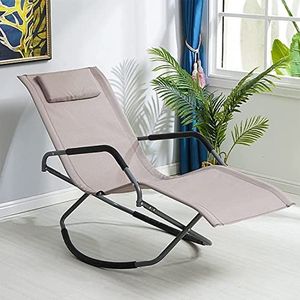GEIRONV Outdoor Rocking Lounge stoel, tuin gazon veranda opklapbare schommelende chaise met hoofdsteun kussenpoeder gecoate orbitale recliner Fauteuils (Color : Khaki)