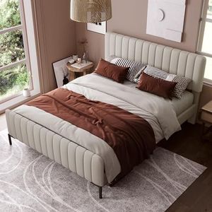 Wit tweepersoonsbed 160 x 200 cm in fluweel, gestoffeerd hoofdbord met led-verlichting