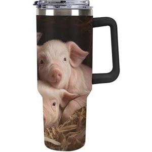 FZQVSGW 40 oz beker met rietje 304 roestvrijstalen waterfles met handvat deksel reismok herbruikbare auto vier biggetjes beker voor thuiskantoor buiten geschikt