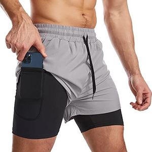 Danfiki Sportshorts 2-in-1 voor mannen, ademend, met zakken, sneldrogende sportbroek met zak, sportlegging, Base Layer Stretch, Lichtgrijs, S