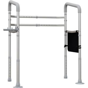 HOMCOM Veilig toiletframe, wc-steunstang, met armleuningen, breedte en hoogte verstelbaar, houder, opbergtas, toilethouder, grijs