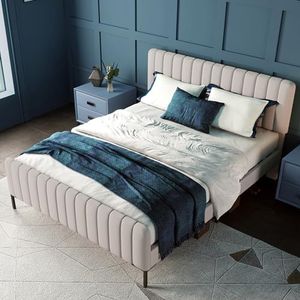 Aunvla Gestoffeerd tweepersoonsbed, 180 x 200 cm, bedframe met lattenbodem en verstelbaar hoofdeinde, zachte bekleding in grijs-beige, voor slaapkamer, logeerkamer, tienerkamer, linnen