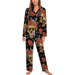 Skull And Flowers Day of the Dead pyjama sets met lange mouwen voor vrouwen, klassieke nachtkleding, nachtkleding, zachte pyjamasets