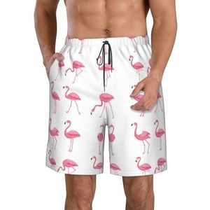 PHTZEZFC Flamingo's op witte print heren strandshorts - zomervakantie strandshorts casual lichtgewicht trekkoord, Wit, L