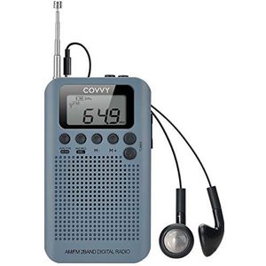COVVY AM FM 2-Bandradio, Digitaal, 12/24-Uurs Tijdweergave, Op Batterijen Werkend, Persoonlijke Stereo Met Hoofdtelefoon, Luidspreker, Wekker en Timer Voor Hardlopen, Joggen, Grijs