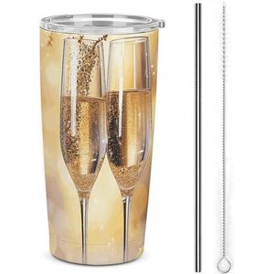 AQRJLPM Twee glazen champagne autobeker roestvrij stalen beker met rietje en deksels lekvrij geïsoleerde roestvrijstalen reiskoffiemok pobtable voor koude warme dranken kamperen