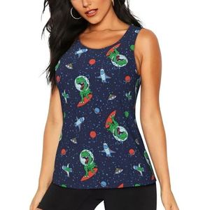 PPHGUT Grappige Astronaut Dinosaurus Raket Print Vrouwen Zomer Tank Tops Atletische Vakantie Running Wandelen Outdoor Fitness Camping, Zwart, S