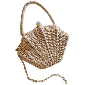 EKalgretrA Strand Straw Bag Shell-vormige ketting kleine Messenger Bag rotan geweven ins schouder draagbare strand vakantie Stro tas, Papier Beige 1, Eén maat