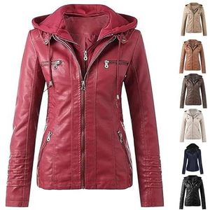 Dames Leren Jas Met Capuchon, Winter Motorjas, Bomberjack, Bikerjack Met Rits, Afneembare Overgangsjas, Imitatieleren Jassen, Plus Size Overgangsjas(Rouge,XXL)