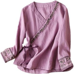 DSAoTeng Traditionele Shirt Vrouwen Chinese Vintage Blouse Lange Mouwen Tops Hanfu Tang Pak Borduurwerk Zen Kleding, Paars, M