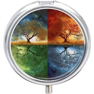 Vier Seizoenen Tree of Life Pillendoosje 3 Compartimenten Reisgeneeskunde Pil Organizer 3x A Day Draagbare Vitamine Organizer met Spiegel Kleine Pillendoos voor Portemonnee & Pocket Leuke Dagelijkse