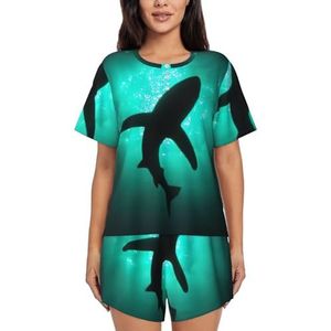 Dolfijn onderzeese zwarte walvissen print dames zomer zachte tweedelige bijpassende outfits korte mouw pyjama lounge pyjama sets, Zwart, M