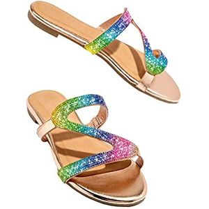 LDOZ Zomerse modieuze sandalen met strass steentjes voor dames, comfortabele platte sandalen met één lijn voor op straat, winkelen en daten(Multicolor,10)