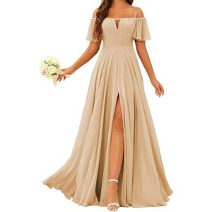 Prinses Bruidsmeisje Jurken Off Shoulder Prom Jurken Plooien Chiffon Formele Avond Party Maxi Jurk met Split ZMK196, Champagne, 32