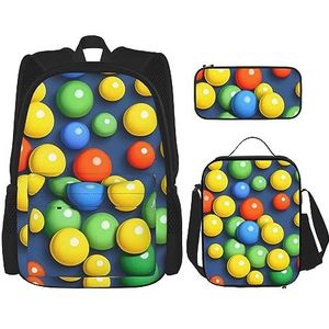 Kleurrijke Ballen Grote Capaciteit Rugzak Lunch Tas Pen Pouch 3 Stuk Set voor Kantoor Reizen Camping Unisex, Zwart, Eén maat