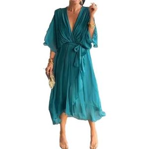 CupitiDU Stijlvolle en elegante maxi-jurk met V-hals, elegante vloeiende chiffon maxi-zomerjurk met korte mouwen voor dames, Meer, 5XL