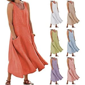 ATOLEA Linnen jurk dames met zak-mouwloze A-lijn zomerjurk met comfortabele stof en trendy stijl, Oranje, 3XL
