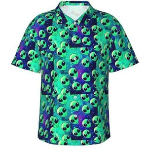Groene Aliens Print Leuk Hawaiiaans Shirt voor Mannen Casual Korte Mouw Button Down Shirts Zomervakanties, Zwart, S